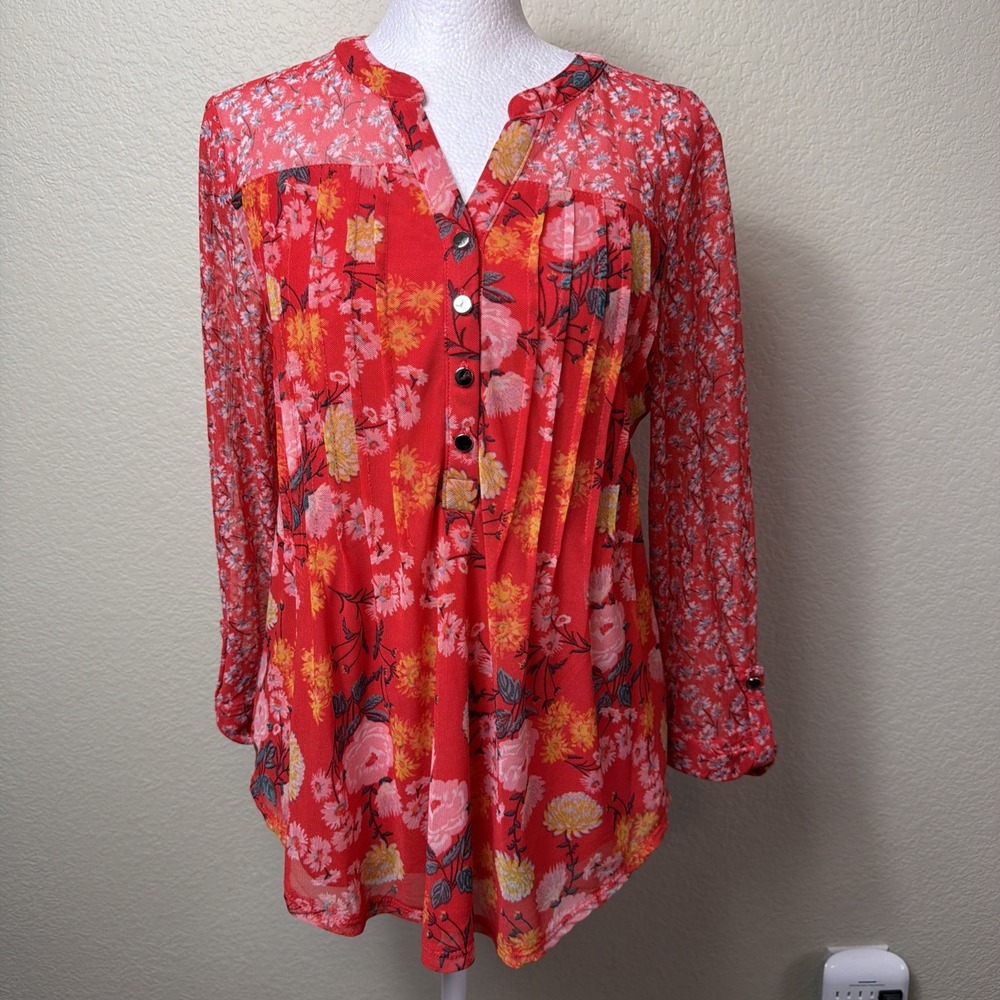 Ava & Grace Blouse Womens S Red Floral Mesh Long Sleeve Pleated V-Neck Tunic Top